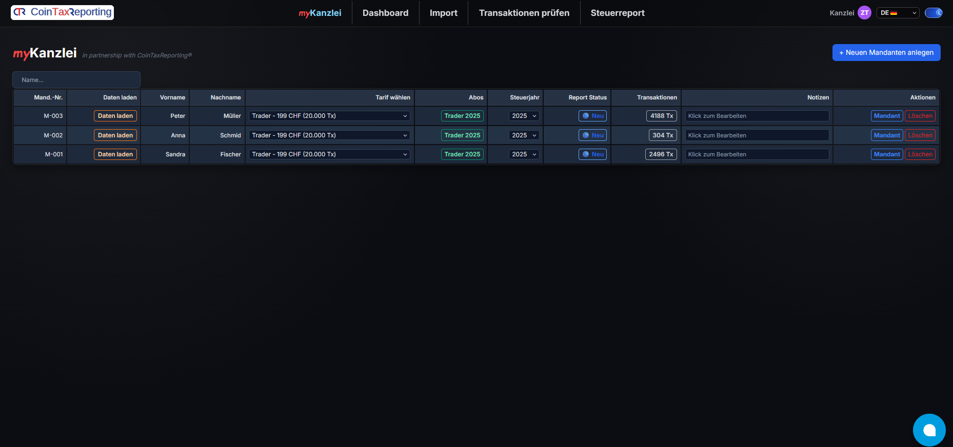 Kanzlei-Modus Mandanten-Dashboard in CoinTaxReporting